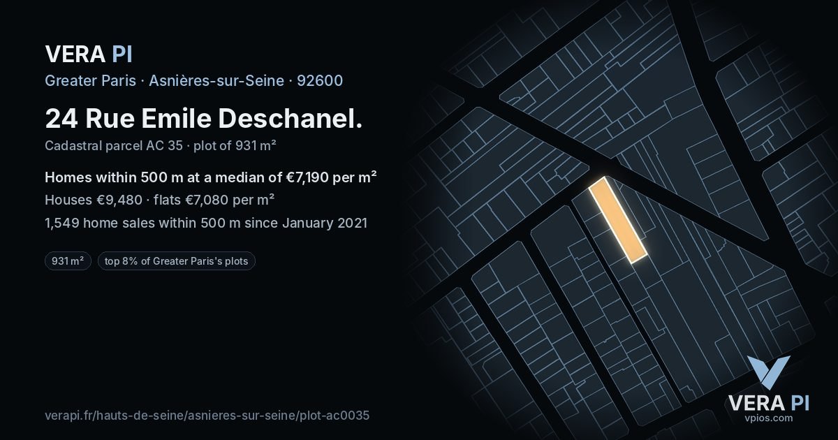 24 Rue Emile Deschanel, Asnières-sur-Seine at night – the plot lit, the parcels around coloured by the prices near them