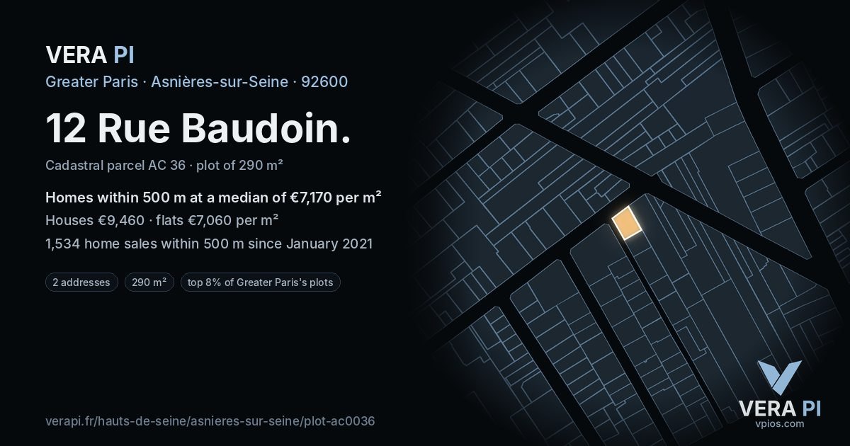 12 Rue Baudoin, Asnières-sur-Seine at night – the plot lit, the parcels around coloured by the prices near them
