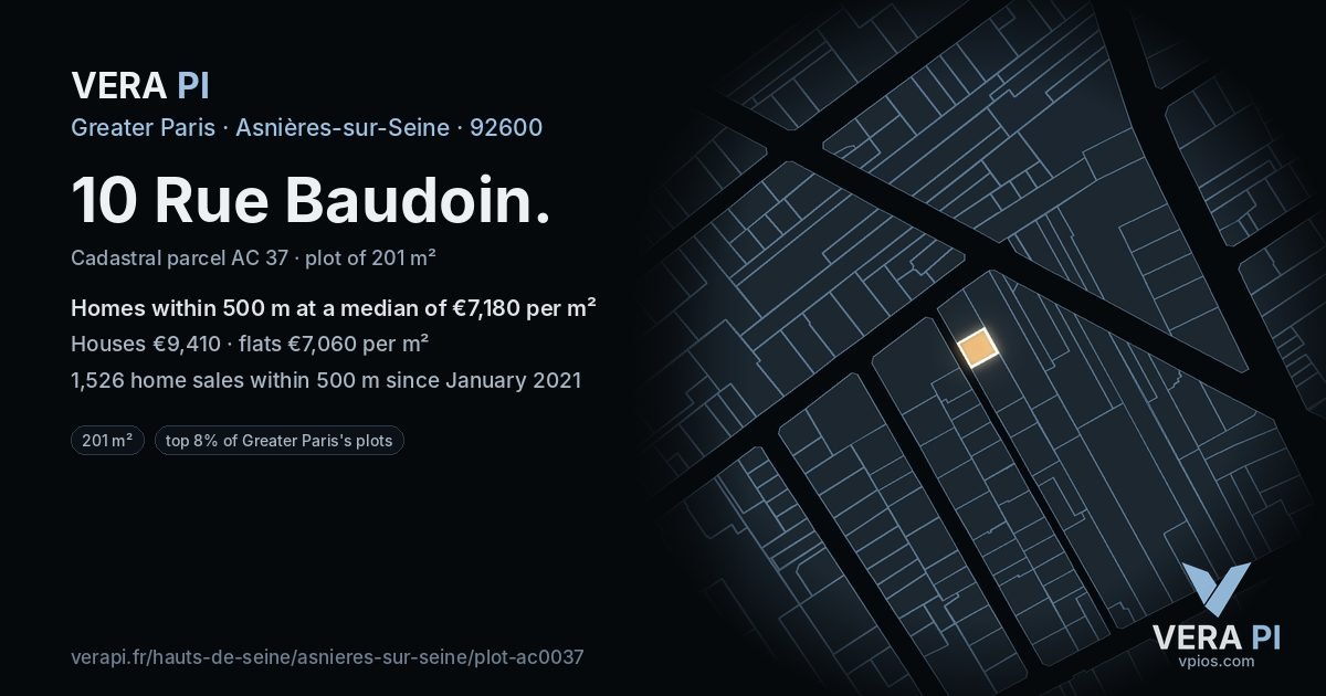 10 Rue Baudoin, Asnières-sur-Seine at night – the plot lit, the parcels around coloured by the prices near them