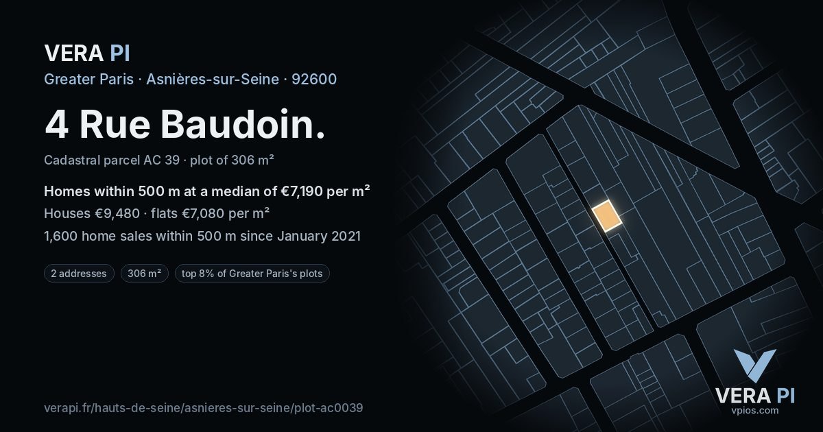 4 Rue Baudoin, Asnières-sur-Seine at night – the plot lit, the parcels around coloured by the prices near them