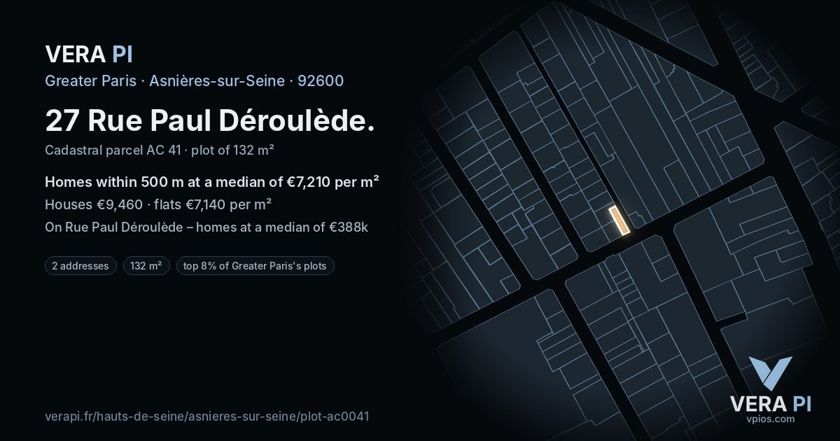 27 Rue Paul Déroulède, Asnières-sur-Seine at night – the plot lit, the parcels around coloured by the prices near them