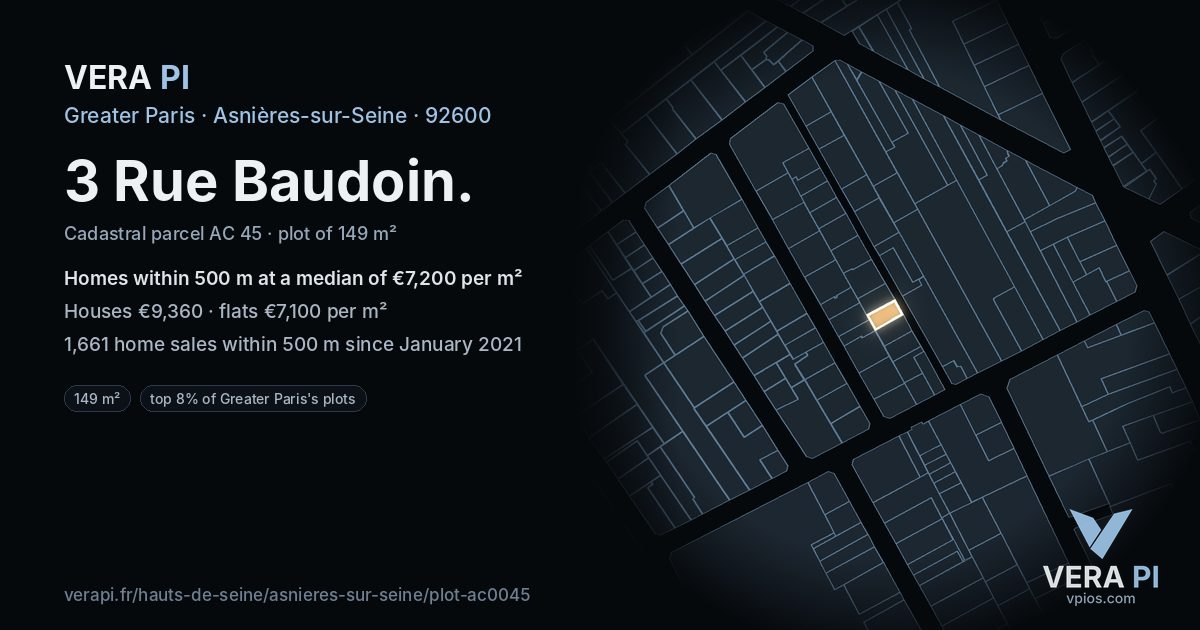 3 Rue Baudoin, Asnières-sur-Seine at night – the plot lit, the parcels around coloured by the prices near them