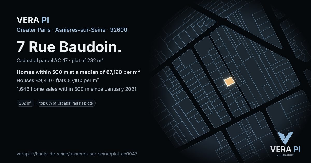 7 Rue Baudoin, Asnières-sur-Seine at night – the plot lit, the parcels around coloured by the prices near them