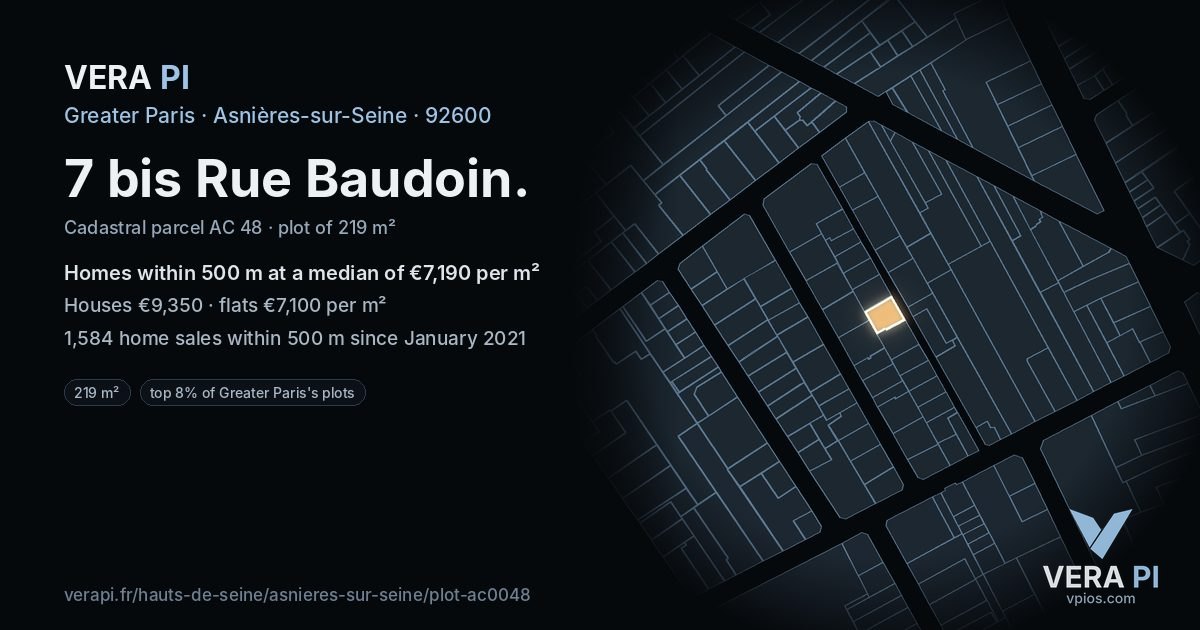 7 bis Rue Baudoin, Asnières-sur-Seine at night – the plot lit, the parcels around coloured by the prices near them