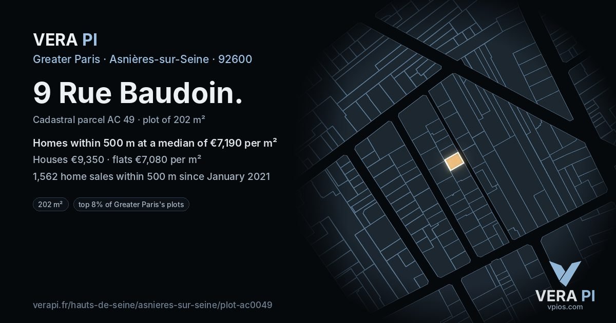 9 Rue Baudoin, Asnières-sur-Seine at night – the plot lit, the parcels around coloured by the prices near them
