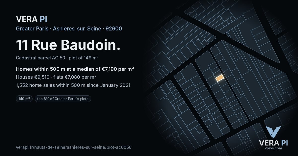 11 Rue Baudoin, Asnières-sur-Seine at night – the plot lit, the parcels around coloured by the prices near them