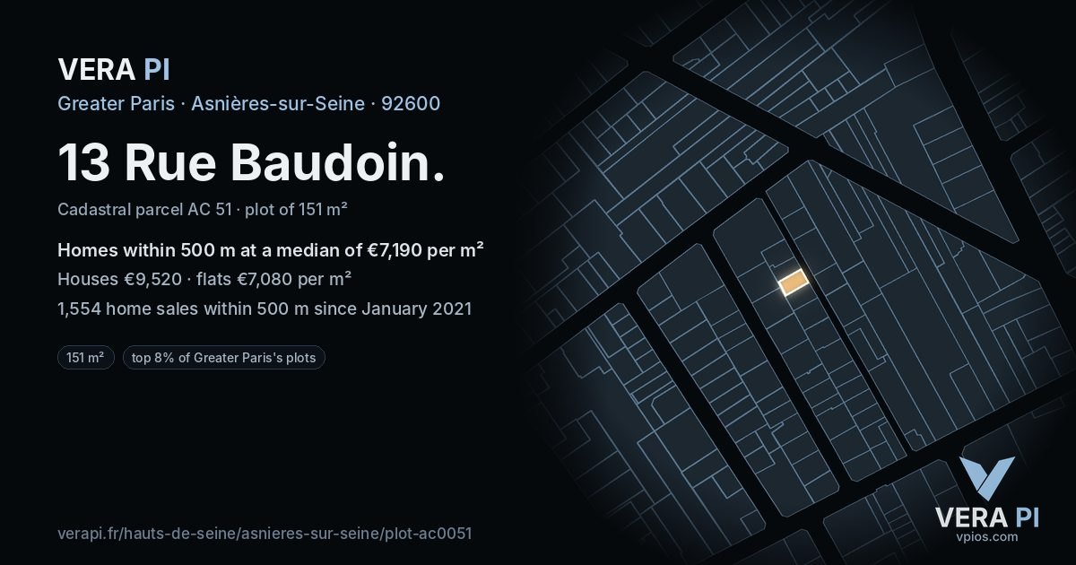 13 Rue Baudoin, Asnières-sur-Seine at night – the plot lit, the parcels around coloured by the prices near them