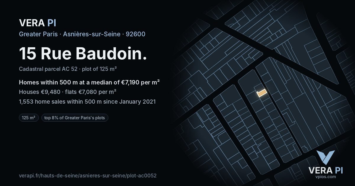 15 Rue Baudoin, Asnières-sur-Seine at night – the plot lit, the parcels around coloured by the prices near them