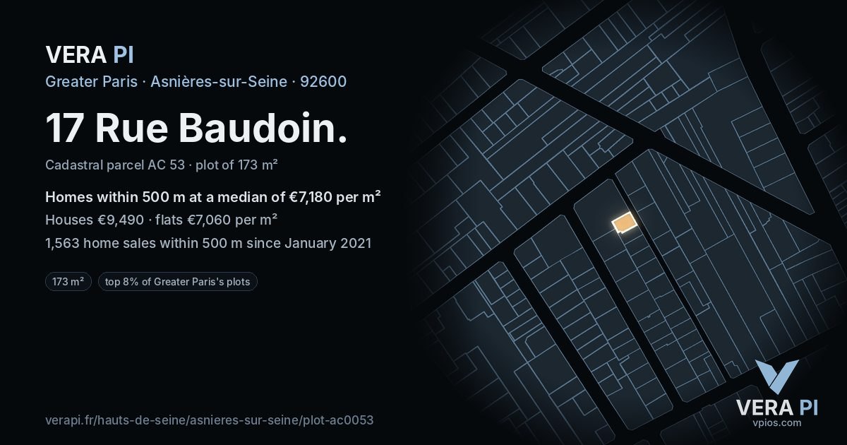 17 Rue Baudoin, Asnières-sur-Seine at night – the plot lit, the parcels around coloured by the prices near them