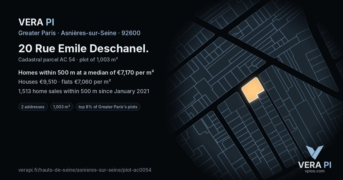 20 Rue Emile Deschanel, Asnières-sur-Seine at night – the plot lit, the parcels around coloured by the prices near them