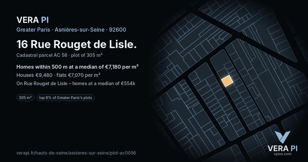 16 Rue Rouget de Lisle, Asnières-sur-Seine at night – the plot lit, the parcels around coloured by the prices near them