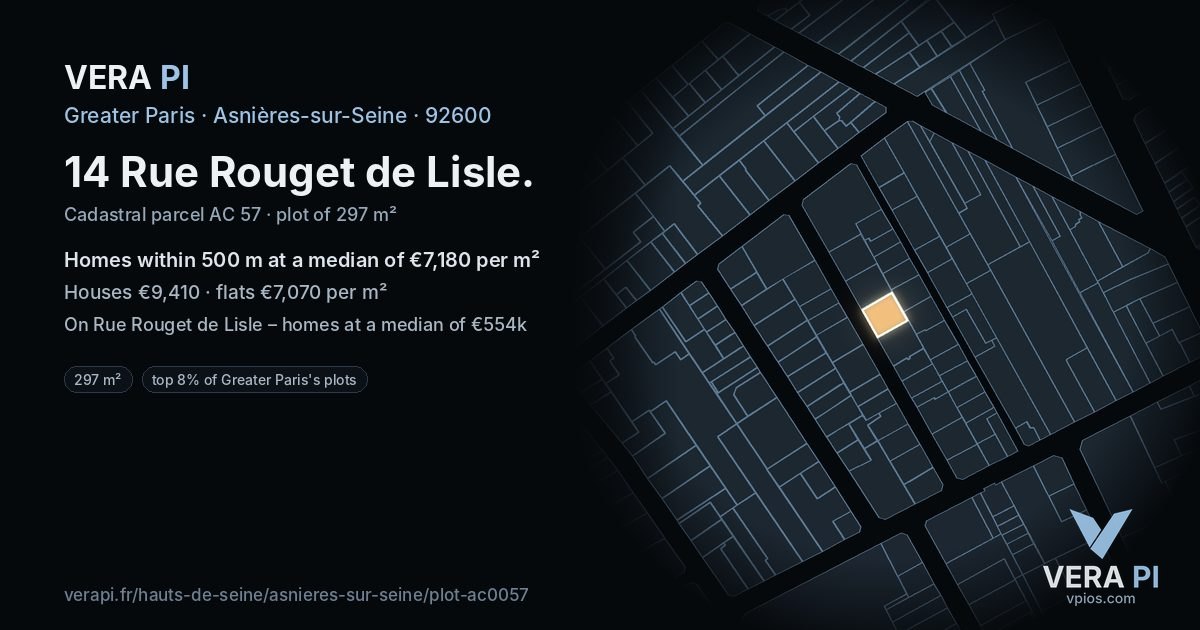 14 Rue Rouget de Lisle, Asnières-sur-Seine at night – the plot lit, the parcels around coloured by the prices near them