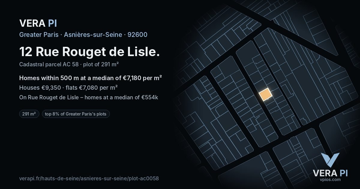 12 Rue Rouget de Lisle, Asnières-sur-Seine at night – the plot lit, the parcels around coloured by the prices near them