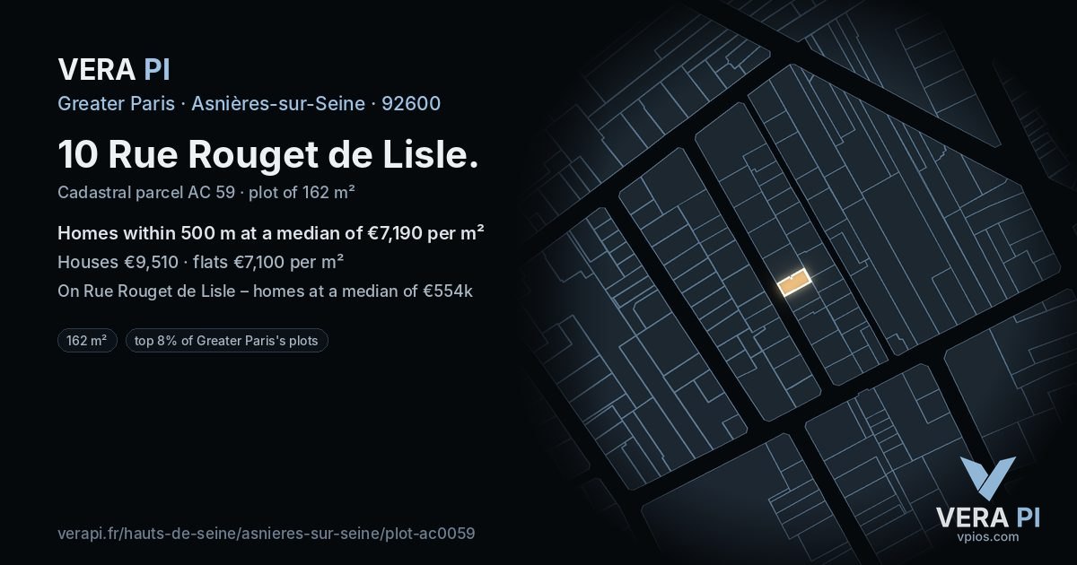 10 Rue Rouget de Lisle, Asnières-sur-Seine at night – the plot lit, the parcels around coloured by the prices near them