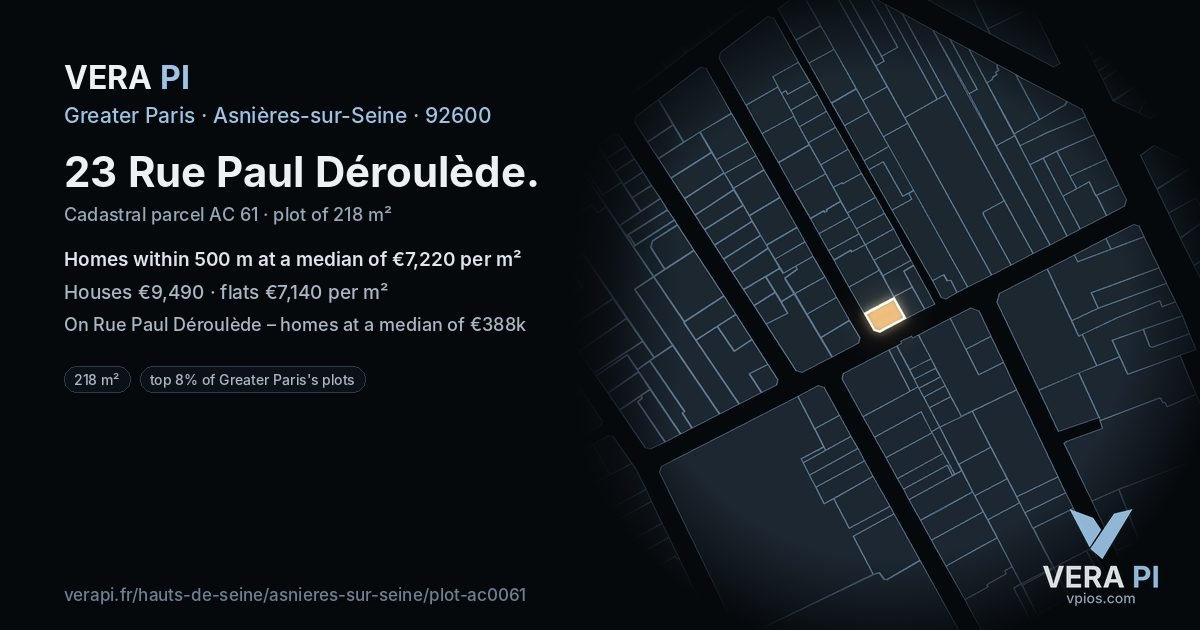 23 Rue Paul Déroulède, Asnières-sur-Seine at night – the plot lit, the parcels around coloured by the prices near them