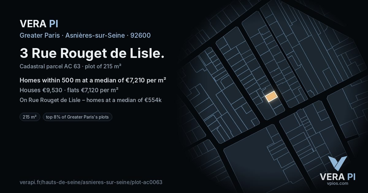 3 Rue Rouget de Lisle, Asnières-sur-Seine at night – the plot lit, the parcels around coloured by the prices near them