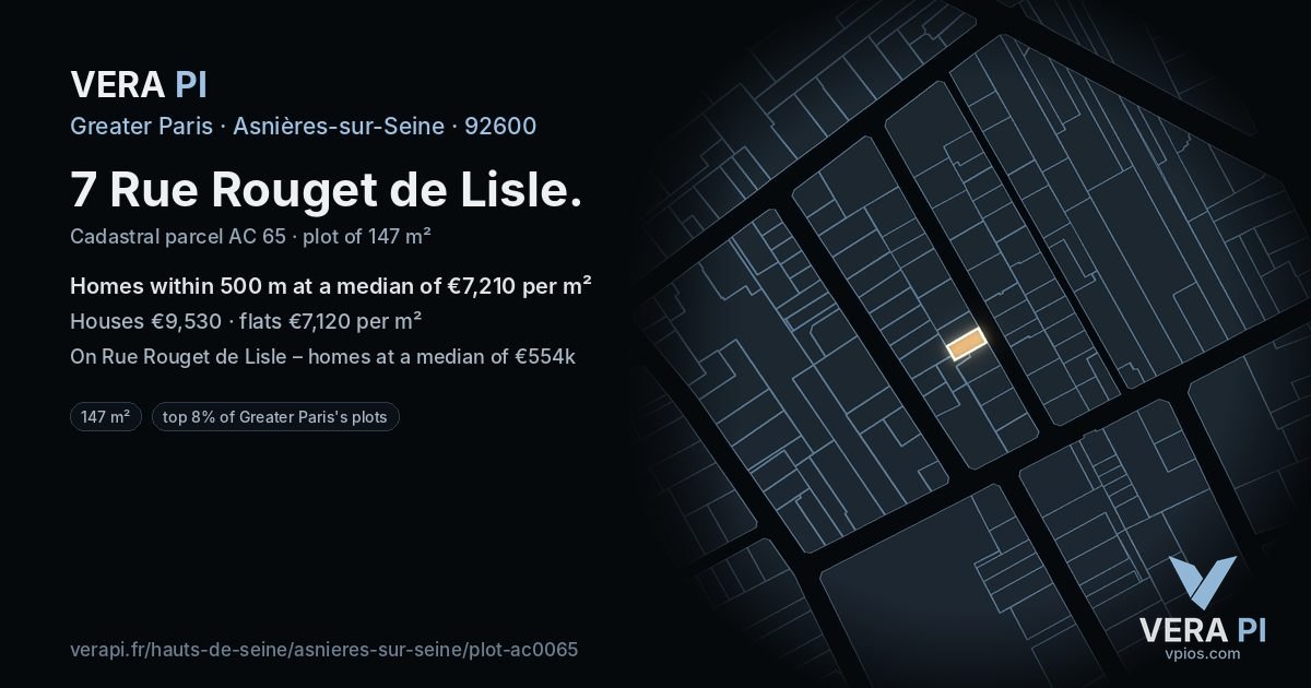7 Rue Rouget de Lisle, Asnières-sur-Seine at night – the plot lit, the parcels around coloured by the prices near them
