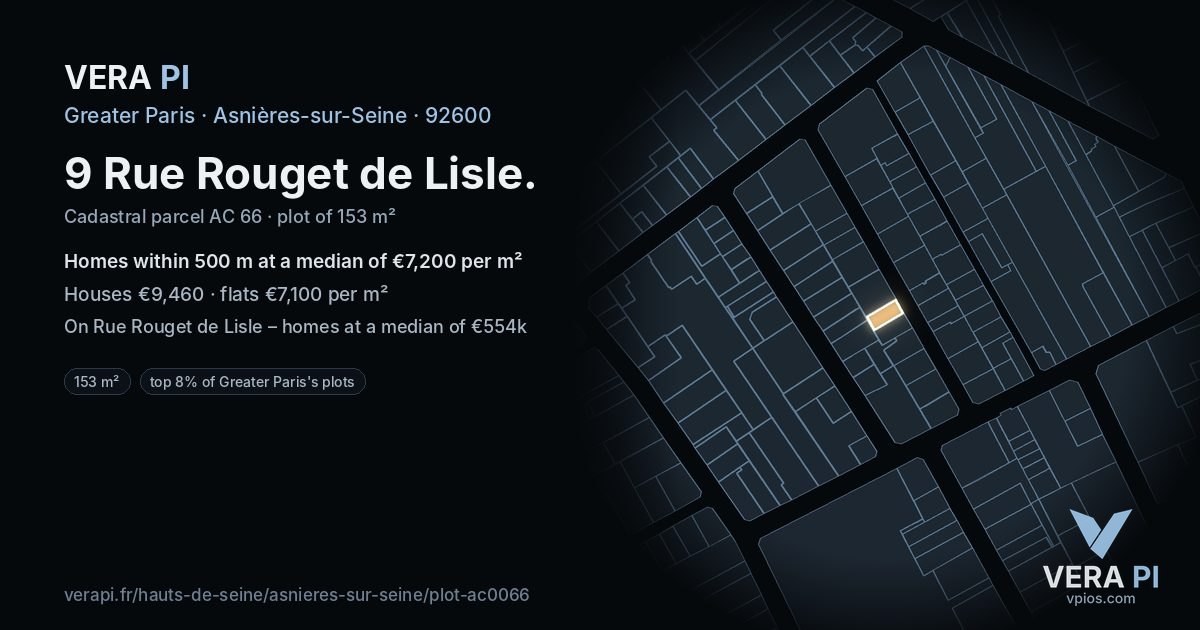 9 Rue Rouget de Lisle, Asnières-sur-Seine at night – the plot lit, the parcels around coloured by the prices near them