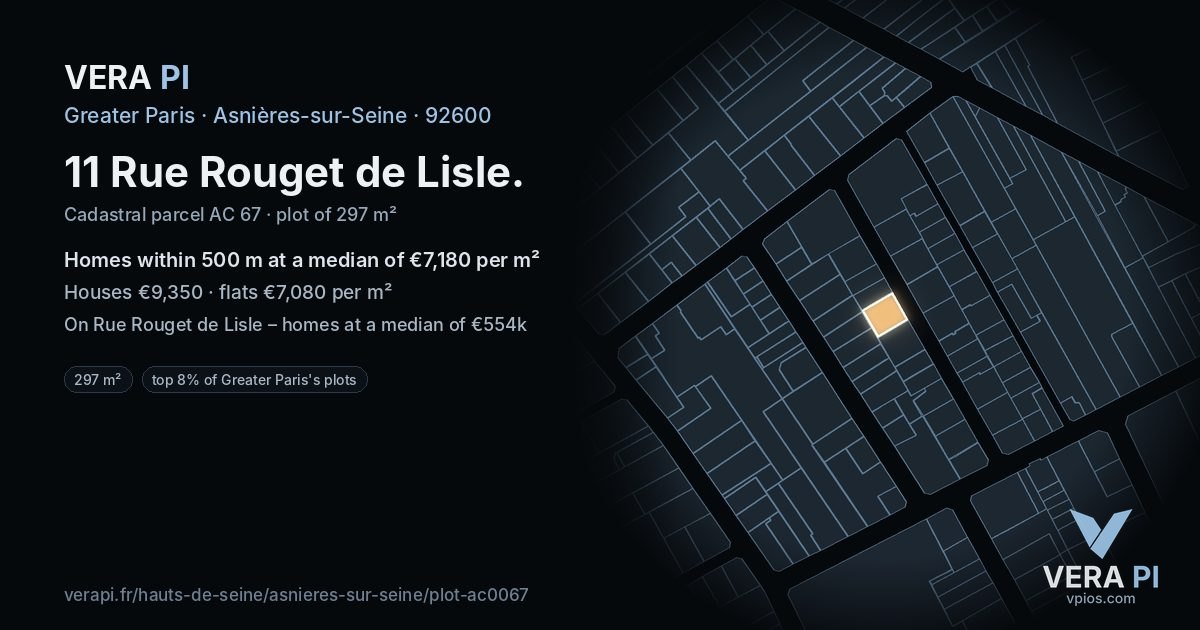 11 Rue Rouget de Lisle, Asnières-sur-Seine at night – the plot lit, the parcels around coloured by the prices near them