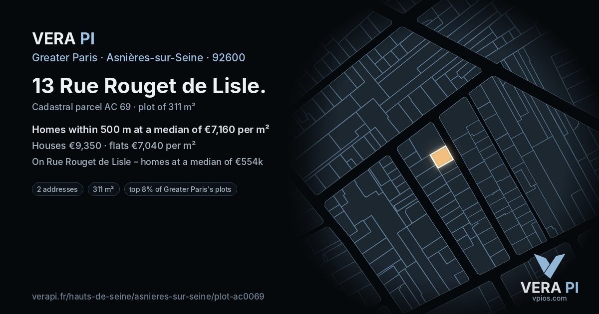 13 Rue Rouget de Lisle, Asnières-sur-Seine at night – the plot lit, the parcels around coloured by the prices near them