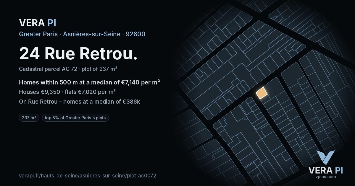 24 Rue Retrou, Asnières-sur-Seine at night – the plot lit, the parcels around coloured by the prices near them