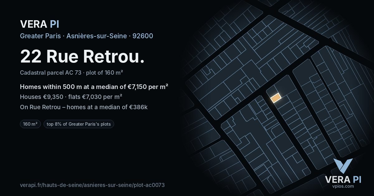 22 Rue Retrou, Asnières-sur-Seine at night – the plot lit, the parcels around coloured by the prices near them