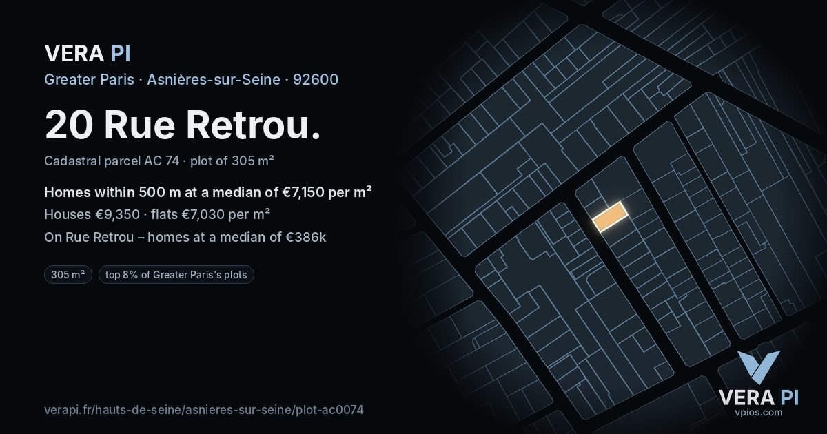 20 Rue Retrou, Asnières-sur-Seine at night – the plot lit, the parcels around coloured by the prices near them