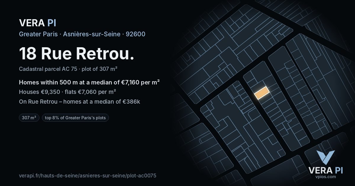 18 Rue Retrou, Asnières-sur-Seine at night – the plot lit, the parcels around coloured by the prices near them