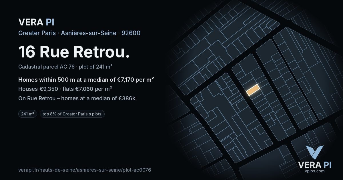 16 Rue Retrou, Asnières-sur-Seine at night – the plot lit, the parcels around coloured by the prices near them