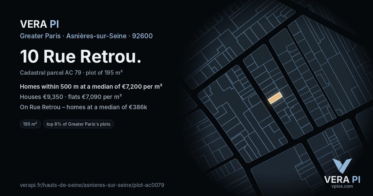 10 Rue Retrou, Asnières-sur-Seine at night – the plot lit, the parcels around coloured by the prices near them