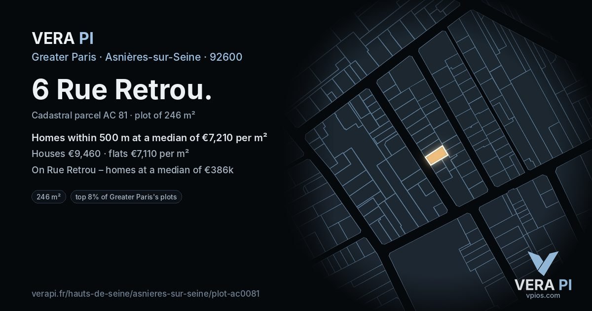 6 Rue Retrou, Asnières-sur-Seine at night – the plot lit, the parcels around coloured by the prices near them