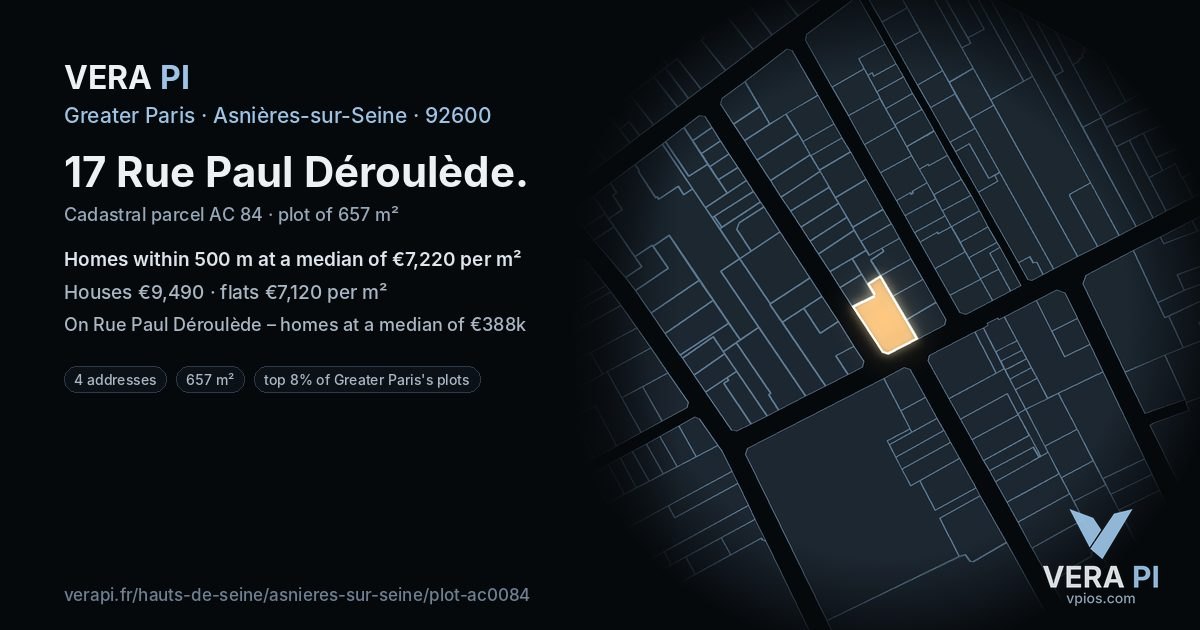 17 Rue Paul Déroulède, Asnières-sur-Seine at night – the plot lit, the parcels around coloured by the prices near them