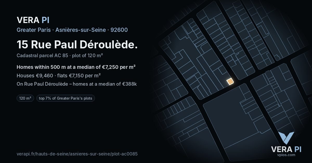 15 Rue Paul Déroulède, Asnières-sur-Seine at night – the plot lit, the parcels around coloured by the prices near them