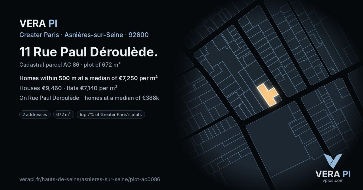 11 Rue Paul Déroulède, Asnières-sur-Seine at night – the plot lit, the parcels around coloured by the prices near them