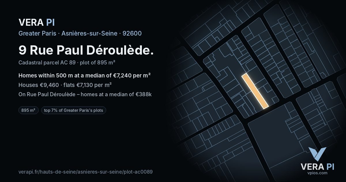 9 Rue Paul Déroulède, Asnières-sur-Seine at night – the plot lit, the parcels around coloured by the prices near them