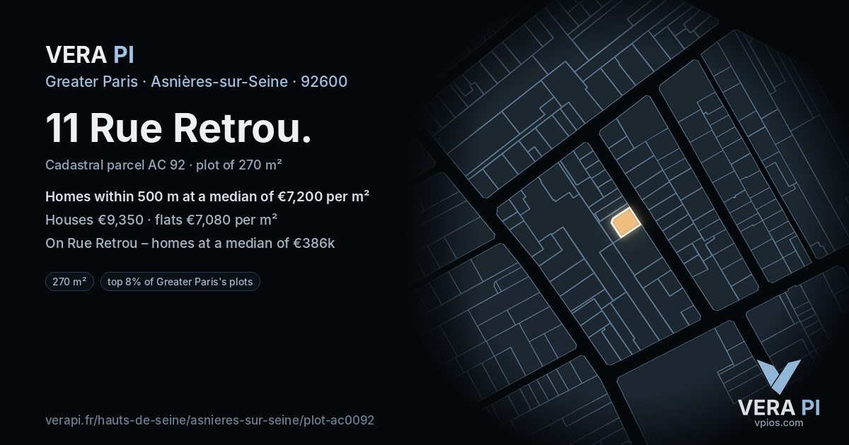 11 Rue Retrou, Asnières-sur-Seine at night – the plot lit, the parcels around coloured by the prices near them