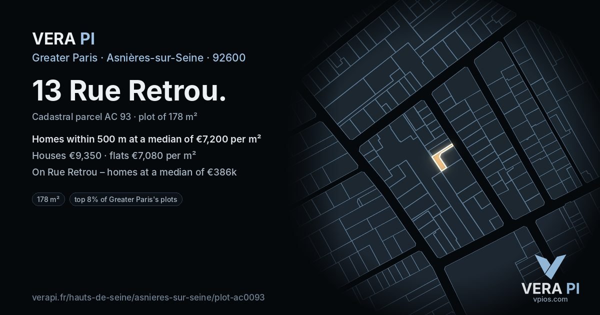13 Rue Retrou, Asnières-sur-Seine at night – the plot lit, the parcels around coloured by the prices near them