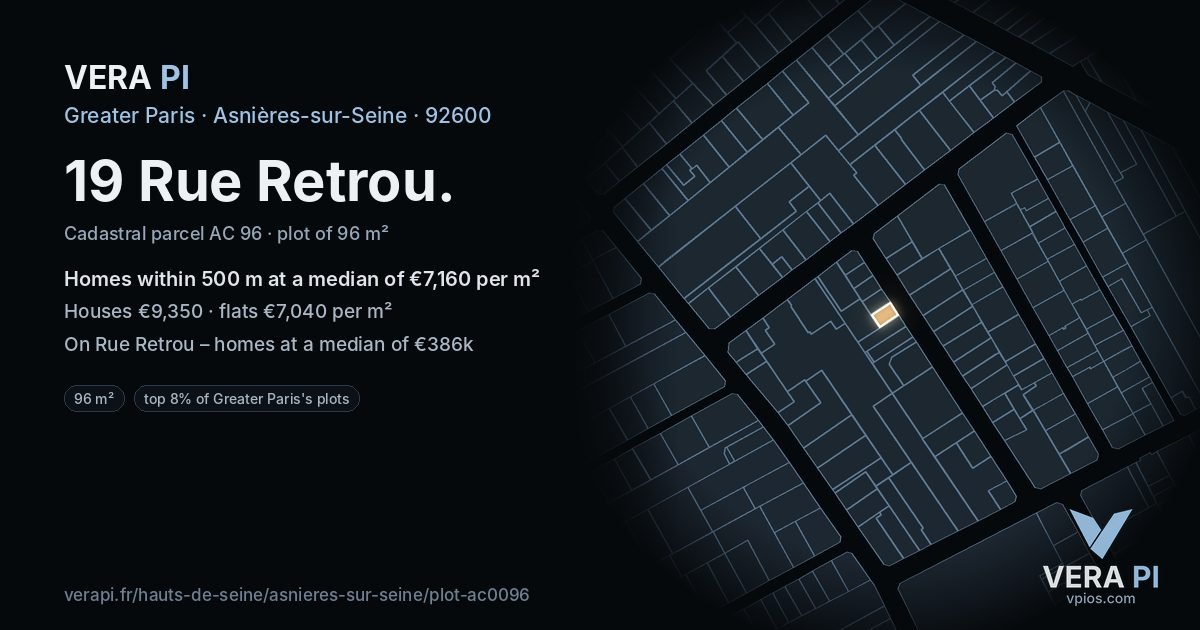 19 Rue Retrou, Asnières-sur-Seine at night – the plot lit, the parcels around coloured by the prices near them