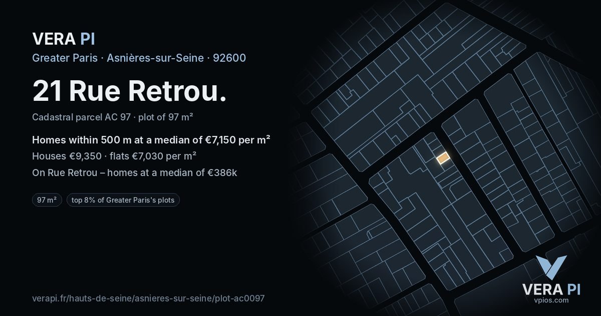 21 Rue Retrou, Asnières-sur-Seine at night – the plot lit, the parcels around coloured by the prices near them