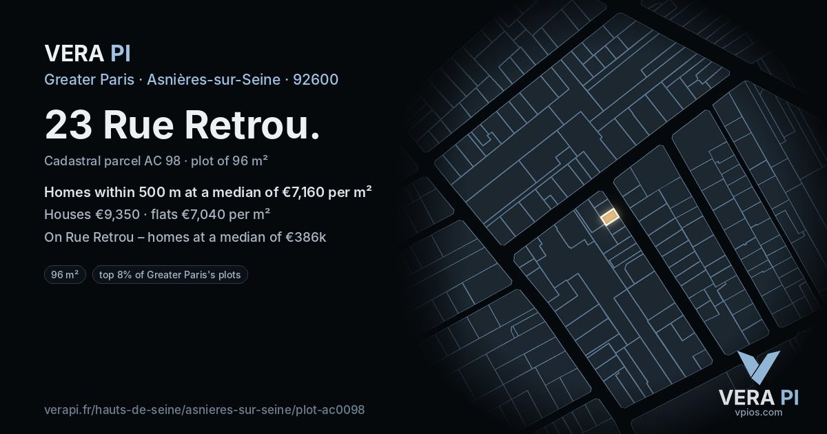 23 Rue Retrou, Asnières-sur-Seine at night – the plot lit, the parcels around coloured by the prices near them