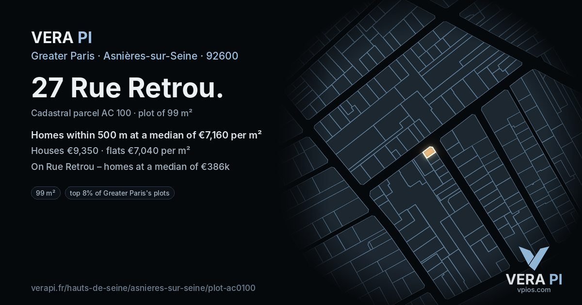 27 Rue Retrou, Asnières-sur-Seine at night – the plot lit, the parcels around coloured by the prices near them