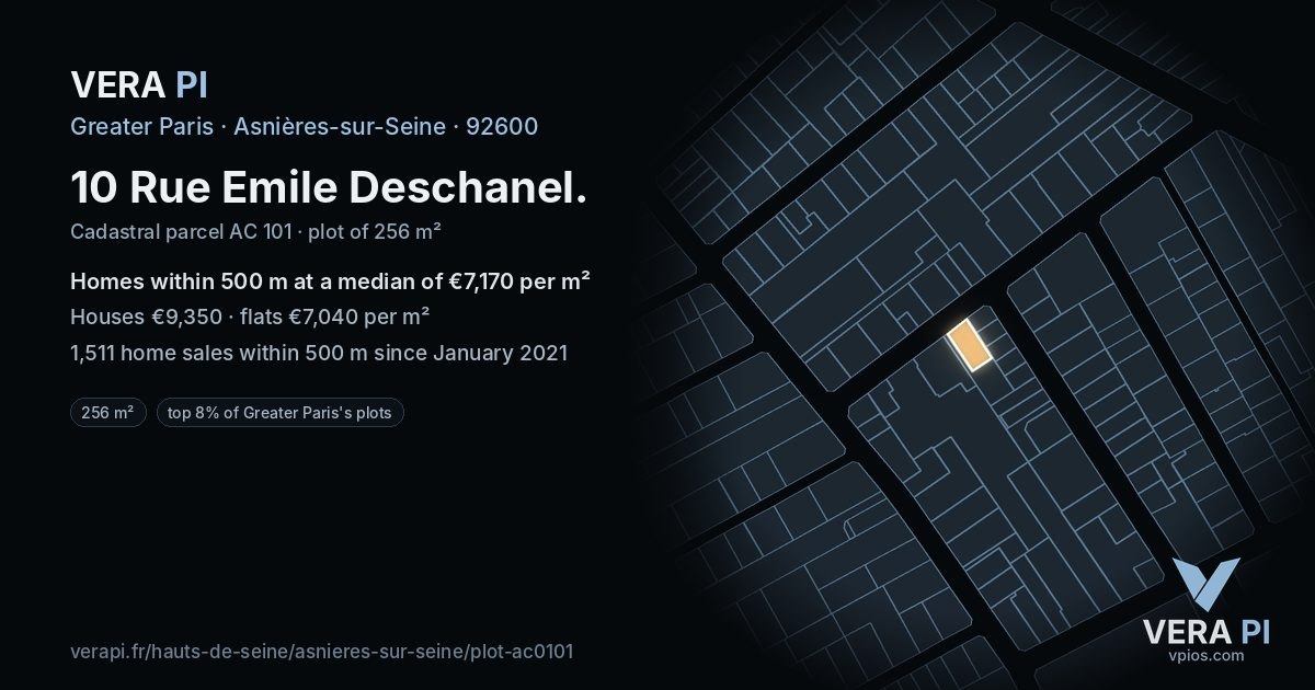 10 Rue Emile Deschanel, Asnières-sur-Seine at night – the plot lit, the parcels around coloured by the prices near them