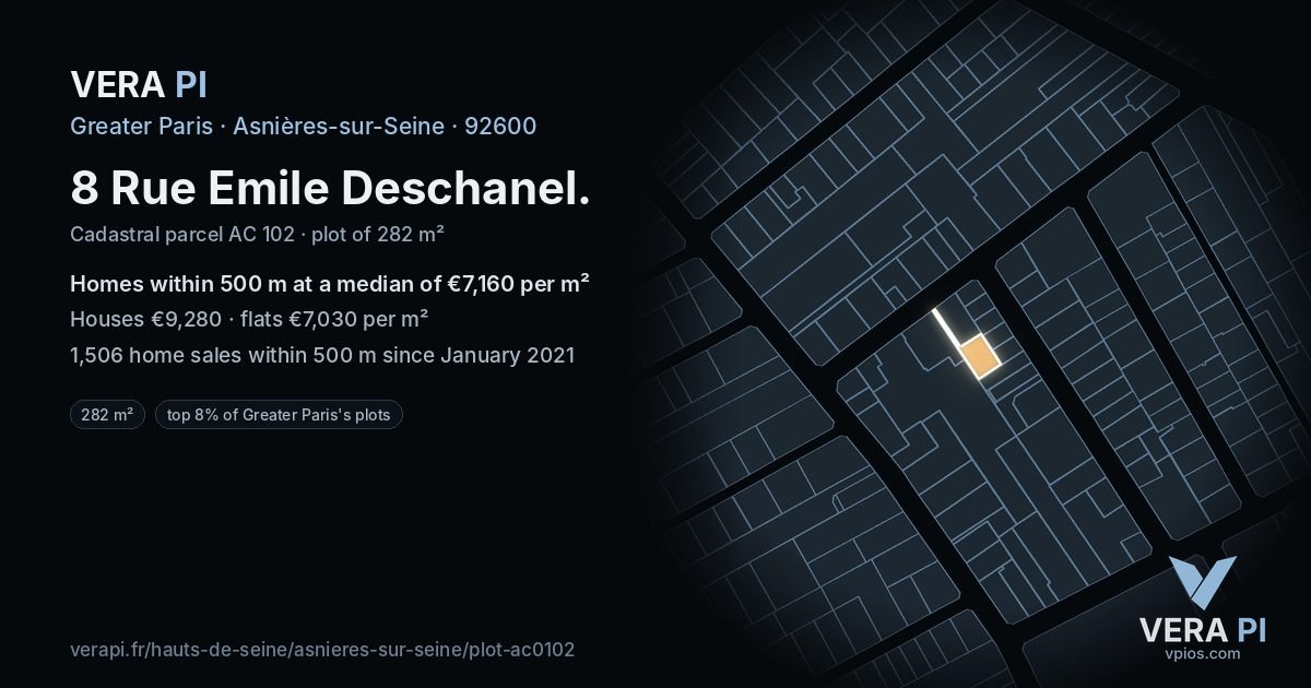 8 Rue Emile Deschanel, Asnières-sur-Seine at night – the plot lit, the parcels around coloured by the prices near them