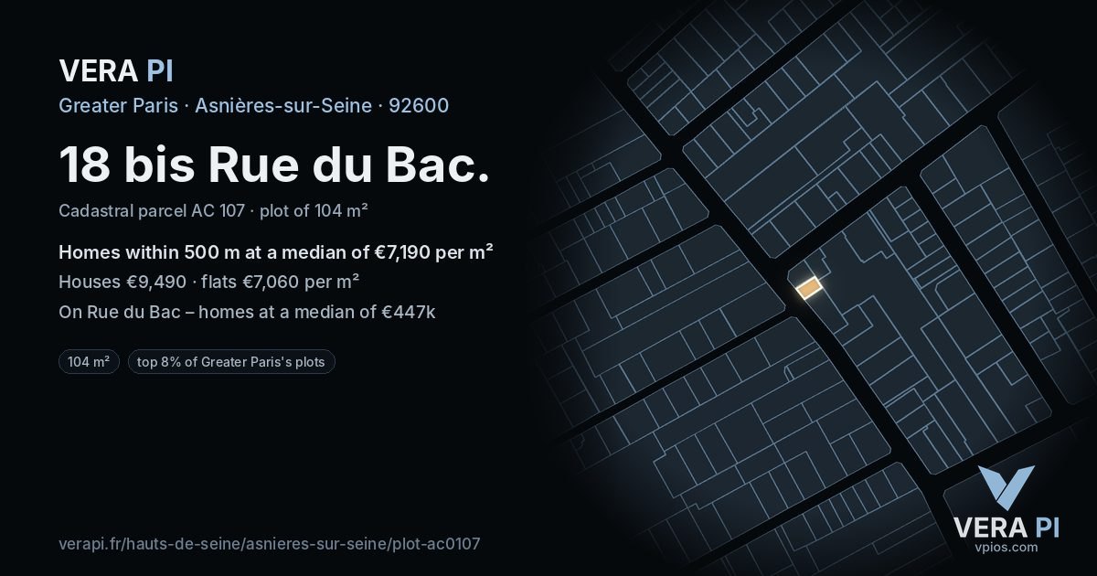 18 bis Rue du Bac, Asnières-sur-Seine at night – the plot lit, the parcels around coloured by the prices near them