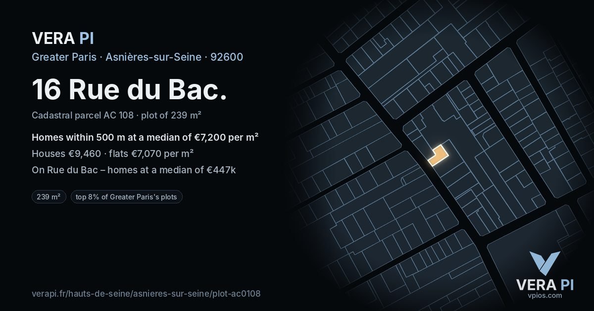 16 Rue du Bac, Asnières-sur-Seine at night – the plot lit, the parcels around coloured by the prices near them