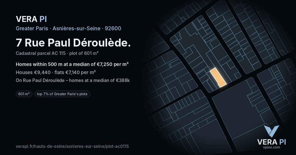 7 Rue Paul Déroulède, Asnières-sur-Seine at night – the plot lit, the parcels around coloured by the prices near them