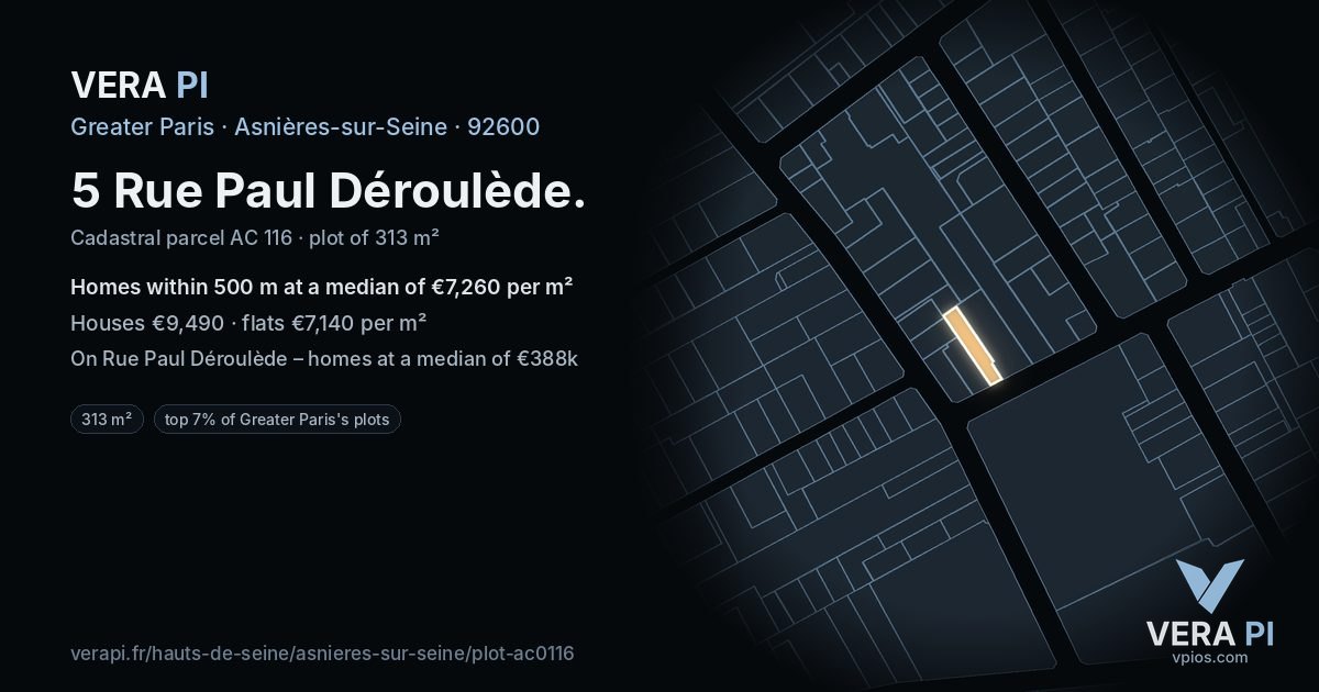 5 Rue Paul Déroulède, Asnières-sur-Seine at night – the plot lit, the parcels around coloured by the prices near them