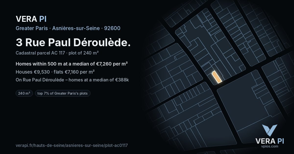 3 Rue Paul Déroulède, Asnières-sur-Seine at night – the plot lit, the parcels around coloured by the prices near them