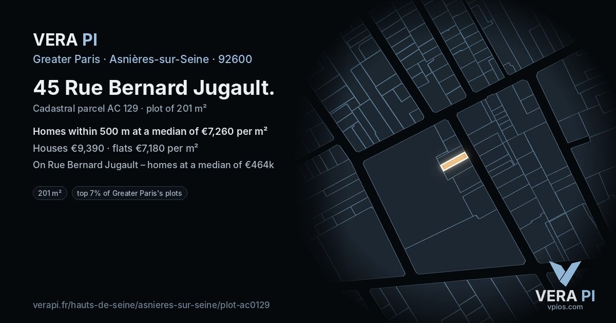 45 Rue Bernard Jugault, Asnières-sur-Seine at night – the plot lit, the parcels around coloured by the prices near them