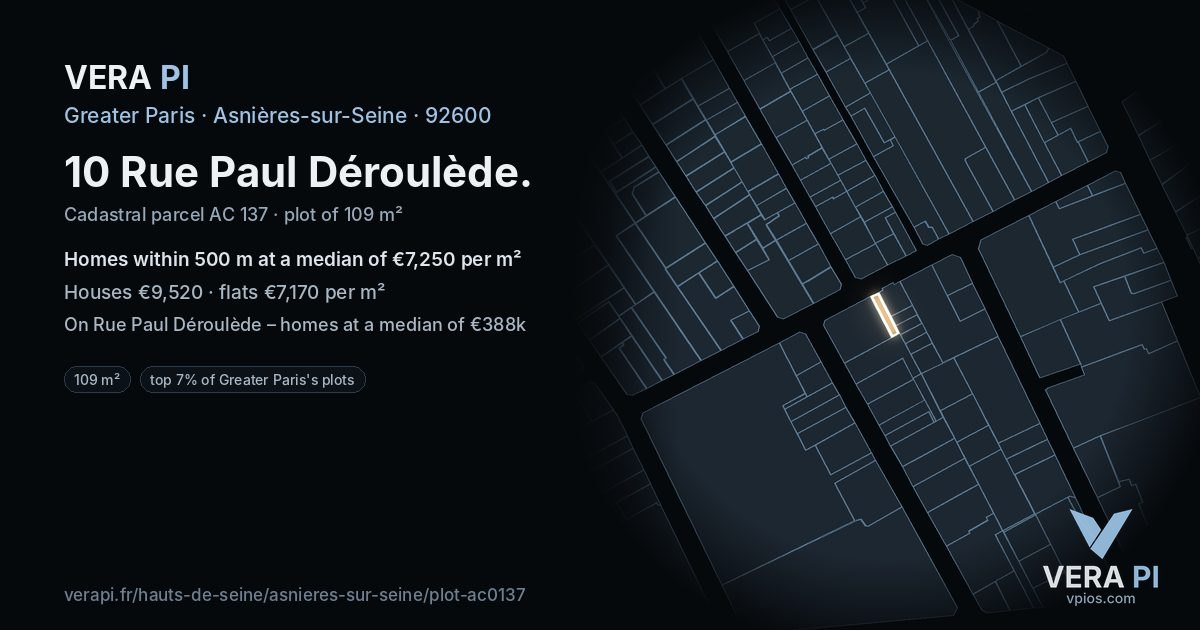10 Rue Paul Déroulède, Asnières-sur-Seine at night – the plot lit, the parcels around coloured by the prices near them